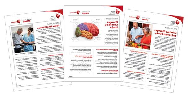 Three Let’s Talk About Stroke information sheets are arranged in an arc.